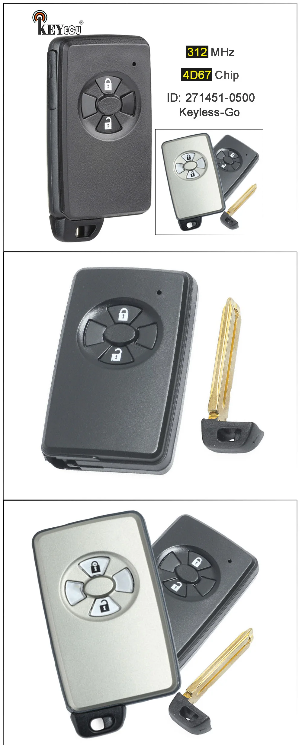 KEYECU 312 МГц 4D67 чип 271451-0500 Keyless-Go 2 кнопки дистанционный ключ-брелок от машины для Toyota Auris, Corolla Axio, премиум, RAV4, Mark X