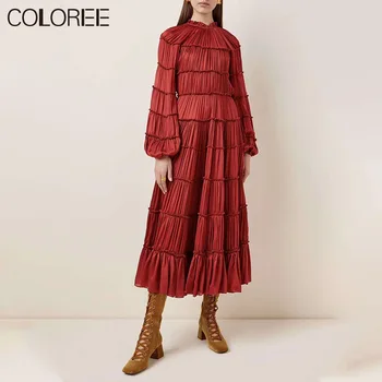 

Autumn Winter Vintage Red/Black Long Woman Dress 2020 Runway Elegant Draped O-neck Long Sleeve Pleated Maxi Dress