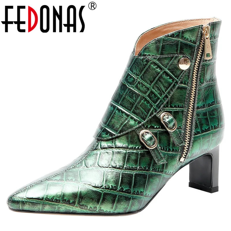 

FEDONAS Elegant Women Genuine Leather Ankle Boots Zipper Buckle High Heels Prom Dancing Shoes Woman Fashion Metal Chelsea Boots