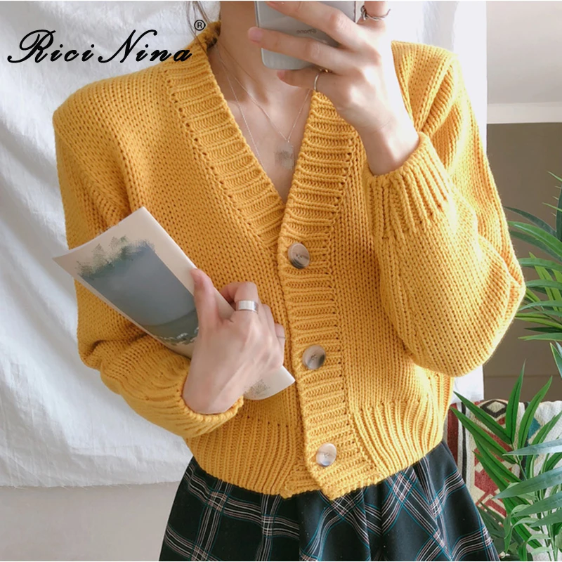 RICININA Knit Sweters Cardigan For Women Long Sleeve V Neck Buttons Solid Short Womens Sweaters Winter Spring |