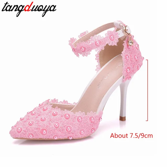 wedding shoes bride white wedding shoes female high heels ankle strap pumps women shoes rhinestone lace high heels party shoe#42 5