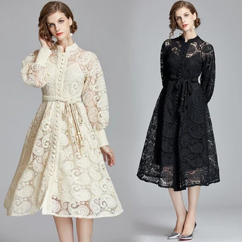 

S-XXL Luxury Runway Women Single Breasted Lace Dress Spring Autumn Vintage Lantern Sleeve Hook Floral Hollow Out Belt Midi Dress