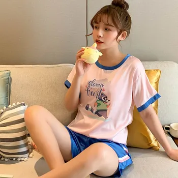 

Cartoon cute printing 2020 summer cool women's pajamas comfortable ice silk pajamas short sleeve O-neck two-piece pajamas XXL