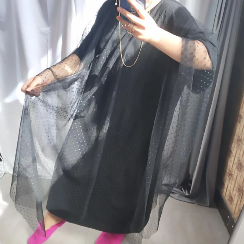 [DEAT] Новинка, весна-осень, круглый вырез, короткий рукав, черный горошек, принт, сетка, свободное, большой размер, длинное платье, женская мода, JS22