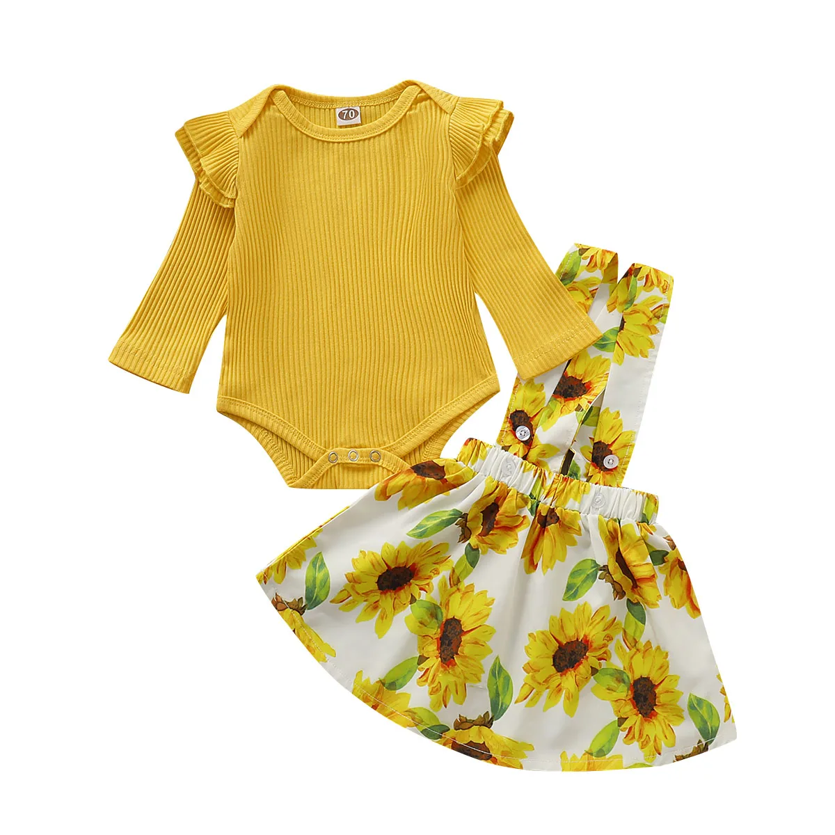 

2PCS Toddler Baby Girls Autumn Clothes Sets Yellow Cotton Knit Romper Tops Sunflower Strap Dress Outfits
