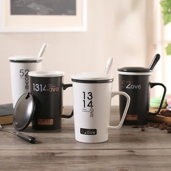 

Ceramics Coffee Mug Couple 520 Love 1314 Cups White Black Coffee Cup Porcelain Drinkware Lid Spoon For Wedding Valentine's Day