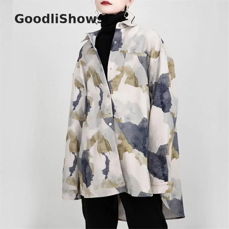 GoodliShowsi, Новое поступление, уличные, шикарные, женские, ассиметричные рубашки, Ретро стиль, с принтом брызг чернил, с отложным воротником, свободные, термо рубашки