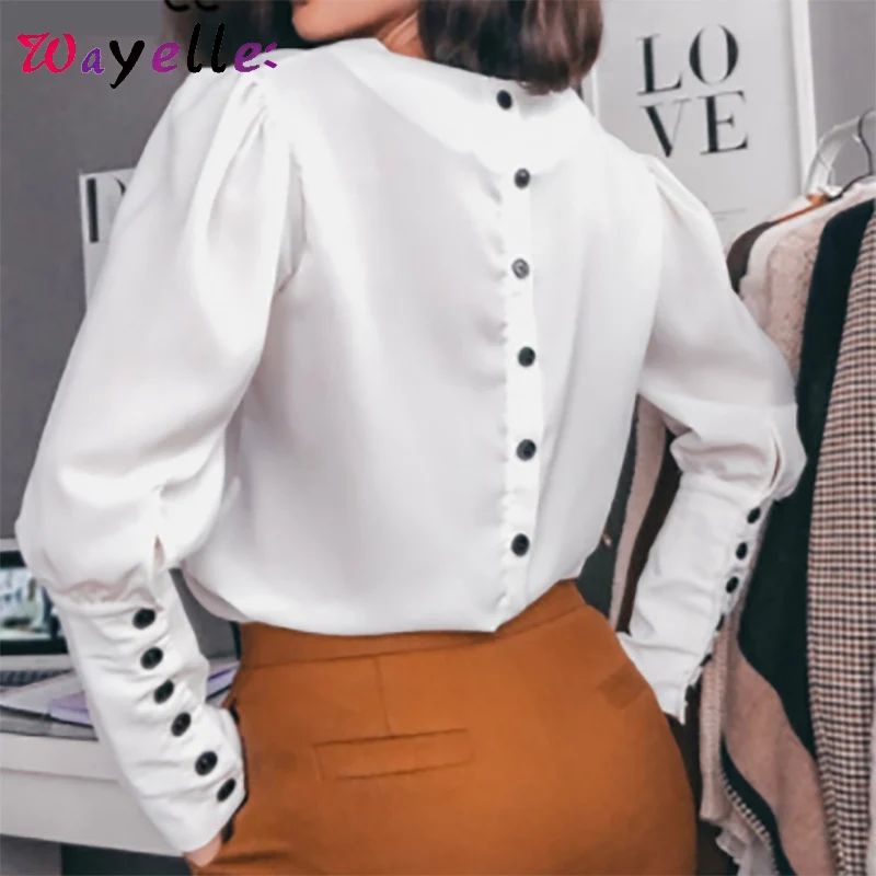 

2019 Autumn Winter V-neck Women Blouse Shirts Puff Sleeve Button Blouse Lady Shirt Top Office Chiffon Blouse Tops For Female