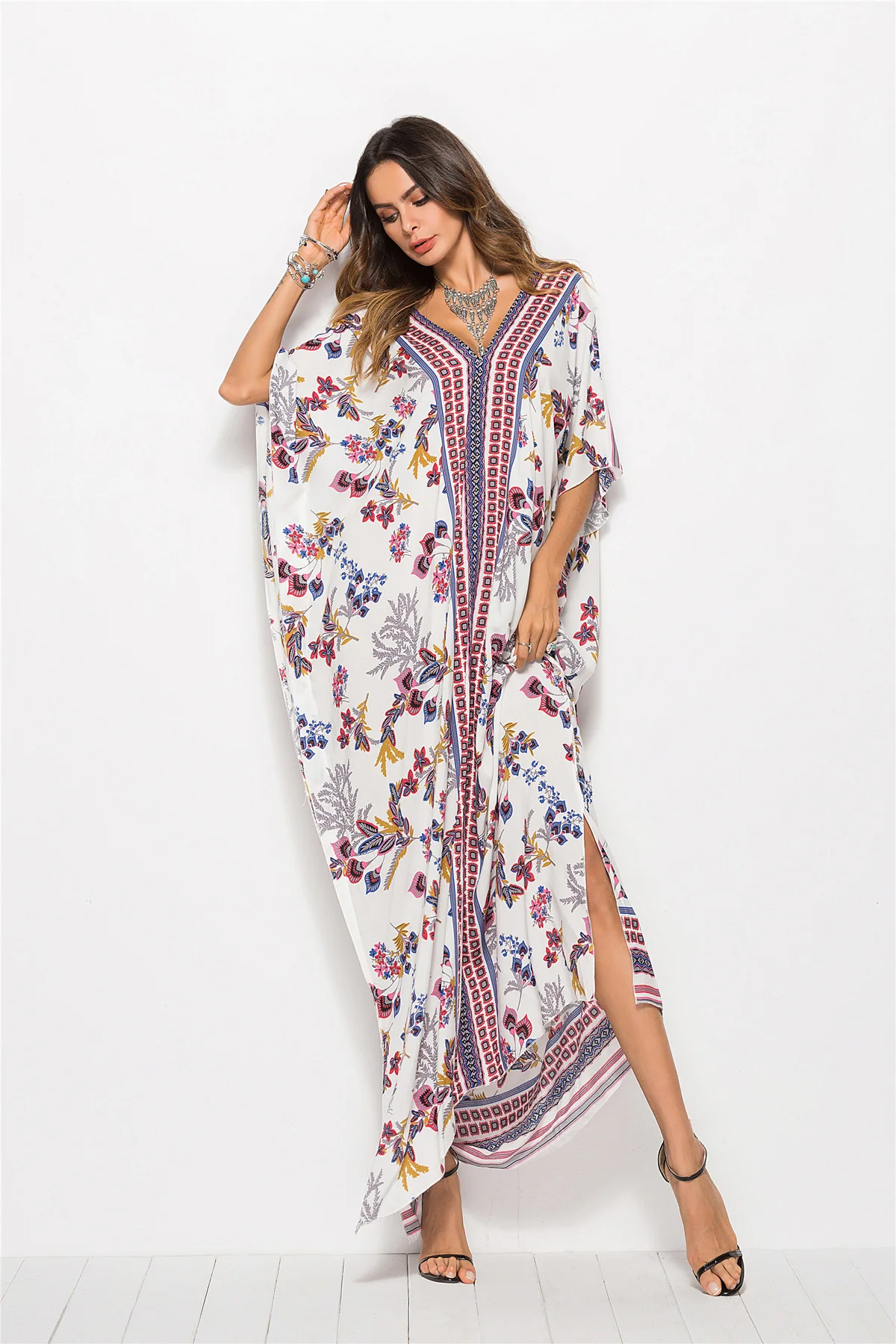 New Printed Bohemian Women Maxi Dress Batwing Sleeve Holiday Beach Wear Fashion Muslim Abaya Dubai Arabic Moroccan Robe VKDR1767