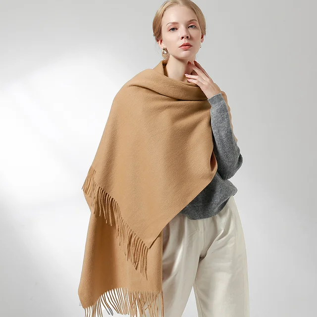 100% Real Wool Scarf Women Warm Shawls and Wraps for Ladies Stole Femme Solid Warps Winter Cashmere Wool Scarves Luxury Pashmina Camel