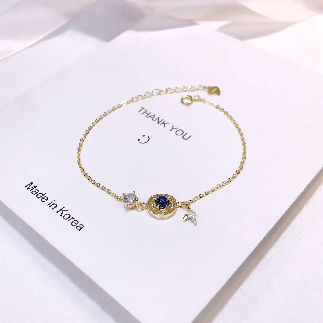

925 Sterling Silver Blue Crystal with Bead Chain Bracelet Ins Women Round Circle Embrace Zircon Fine Jewelry Luxy