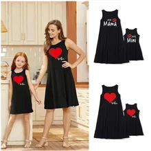 Robes mère et fille pour la saint valentin, tenue d'été sans manches, imprimée lettres d'amour créatives, noires, pour maman et bébé 