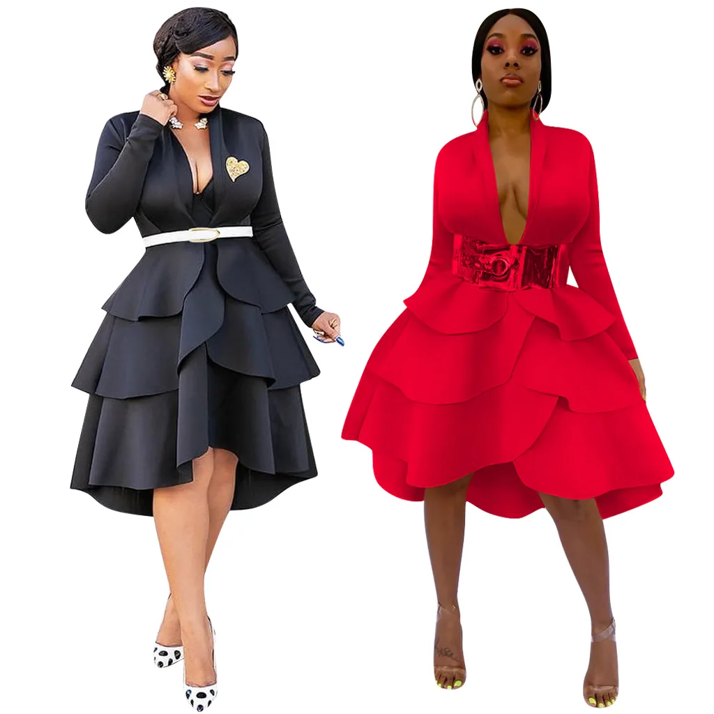 

3896 Europe And America Women's Dress Solid Color Flounced Dress Formal Dress Footwear Nightclub Excluded Leather Belt