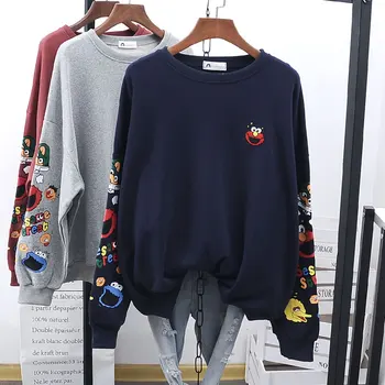 

Large Size Shirt Women New Spring Round Collar Cartoon Printing Loose Hoodie Students Casual Oversize Sweatshirt Tops