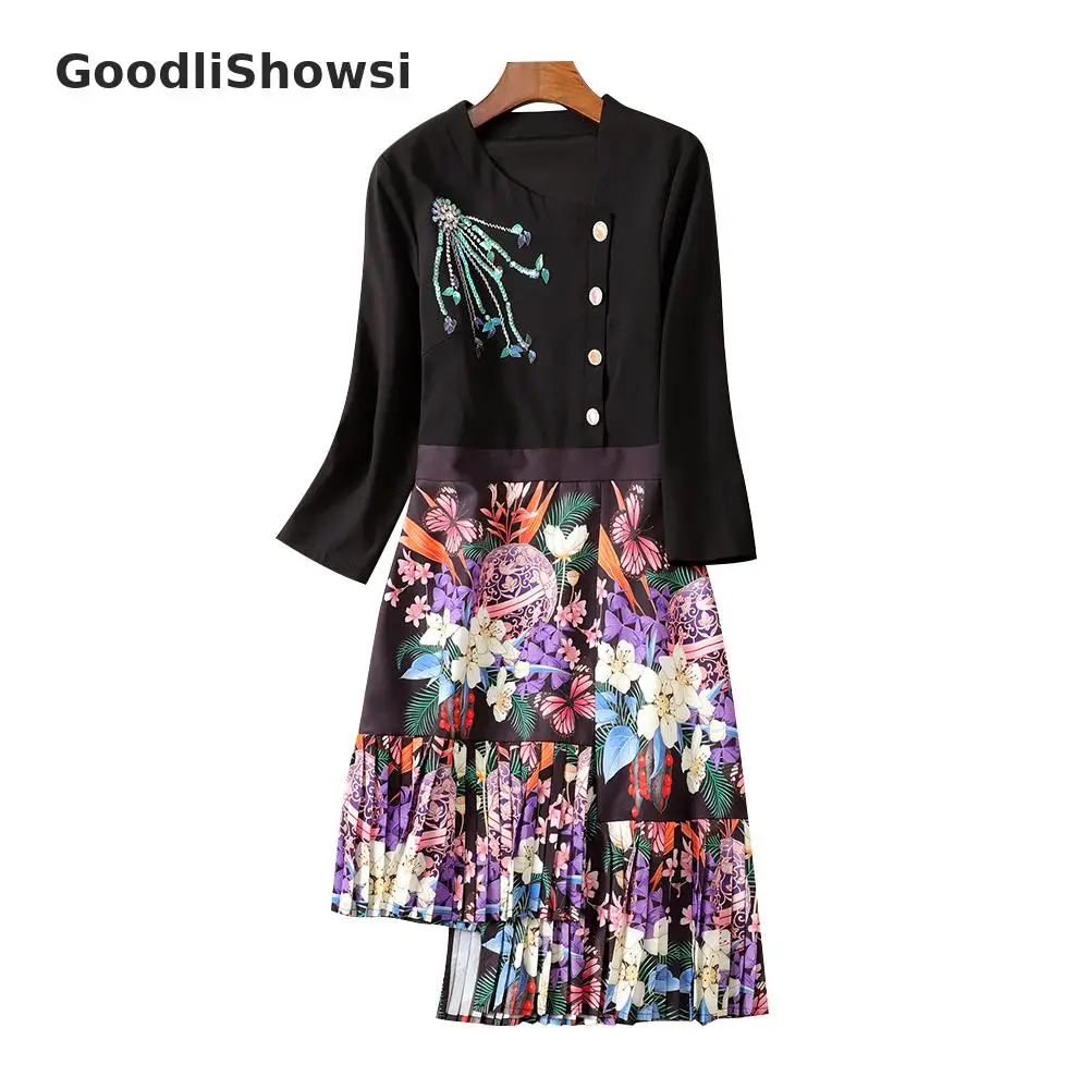GoodliShowsi, Новое поступление, пасторальное женское асимметричное платье, косой воротник, блестки, цветочный принт, несимметричный подол, плиссированное платье