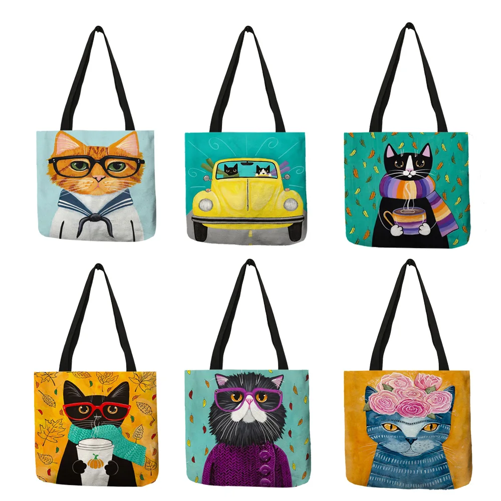 

Personalized Cat Tote Bag For Women Lady Folding Reusable Linen Shopping Bag With Print Travel School Bags Handbag