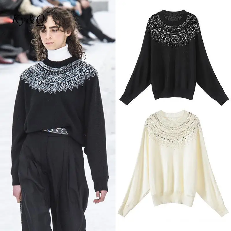 High Quality Runway Vintage 2020 Winter New Luxury Beading Pullover O-neck Long Sleeve Fashion Women Knit Sweater Clothes Jumper | Женская