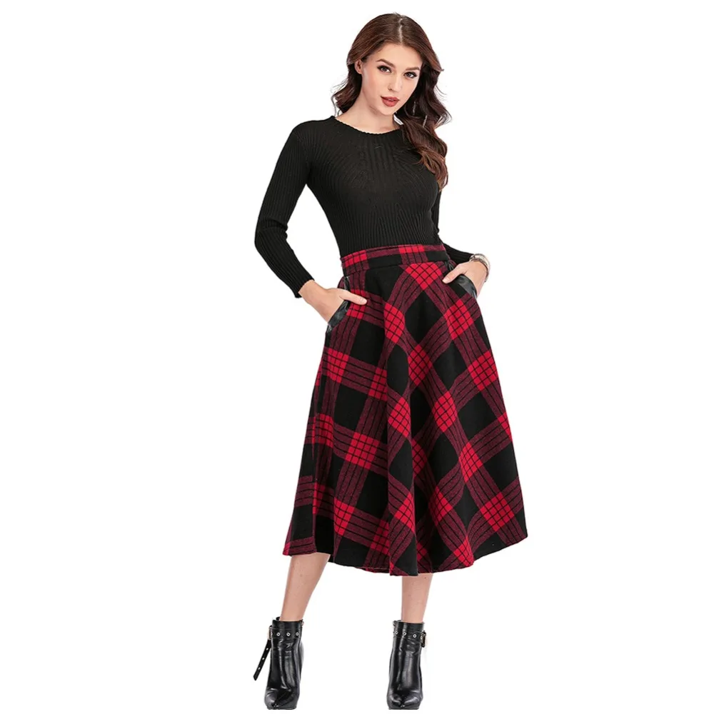 High Waist A Line Women Long Skirt Plus Size 4XL England Plaid Woolen Ladies Skirts Woolen Pleated Tartan Female Bottom