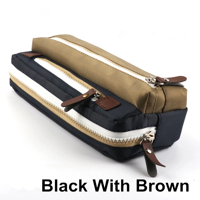 black with brown Большой Вместительный чехол для карандашей, многофункциональный чехол для карандашей из ткани Оксфорд, Прочный чехол для карандашей, многослойный, для детей, школьников - Цвет: black with brown