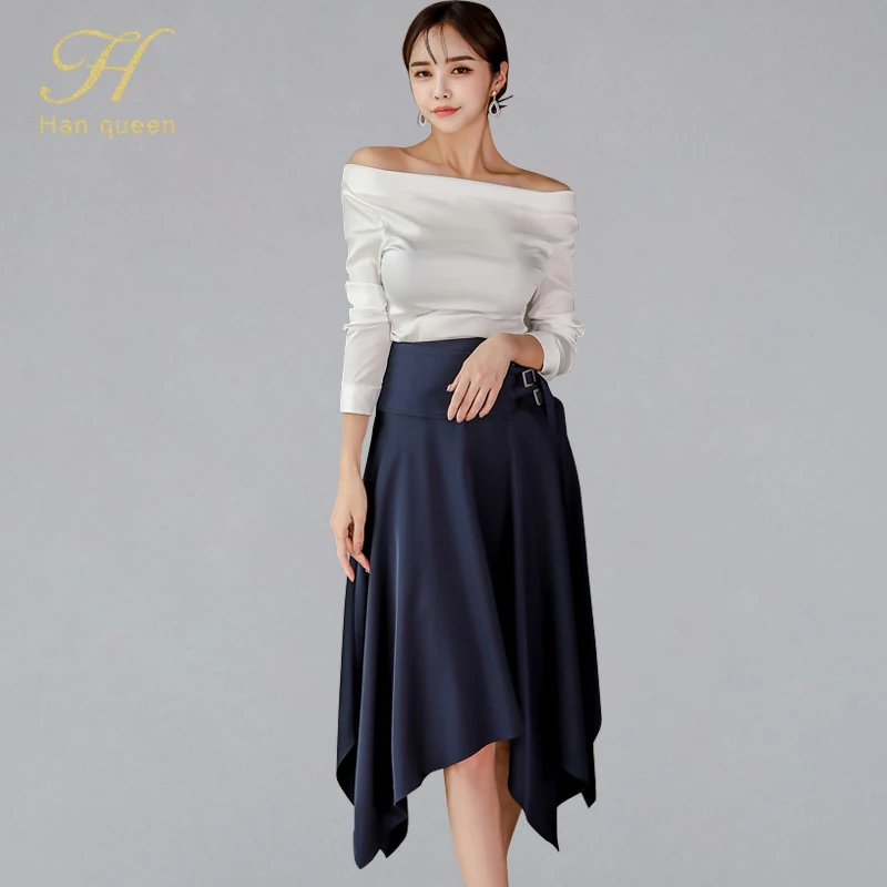 

H Han Queen 2019 Autumn Women Elegant 2 Pieces Suits Sexy Slash Neck White Blouses & High Waist Irregular A-line Swing Skirt Set