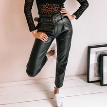 Linglewei New spring and Autumn Women's Trousers belt Straight leather pants Street tide trousers