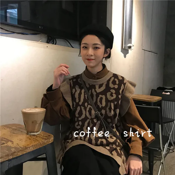 coffee shirt RUGOD Новая Осенняя женская рубашка и свитер с леопардовой раскраской жилет с воротником-стойкой, свбодная рубашка с круглым вырезом Бабочка пуловер без рукавов жилет - Цвет: coffee shirt