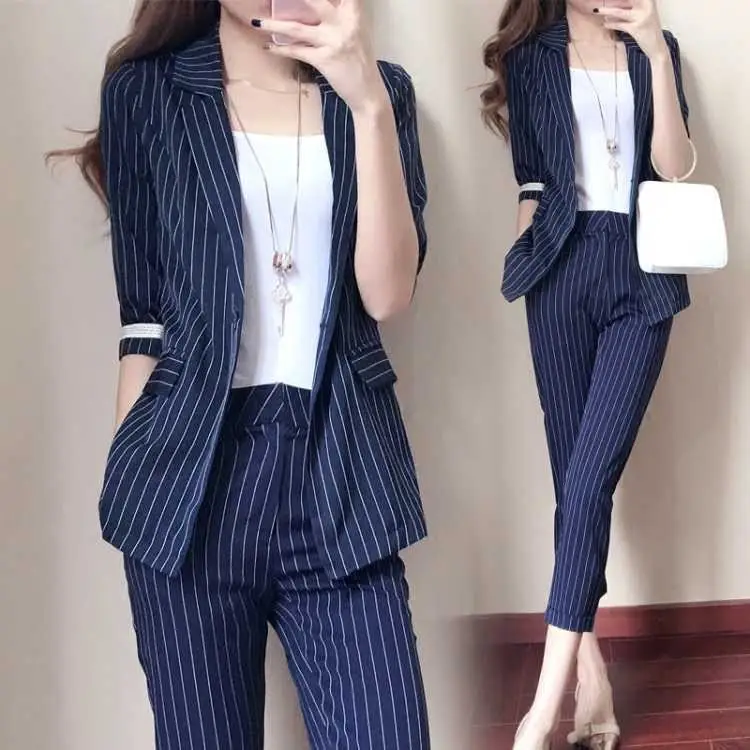 

women's suit sets 2019 Work Pant Suits 2 Piece Sets Single button Striped Blazer Half Sleeve Jacket & Trousers Suit For Women