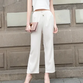 

2020 100% Real Silk Pants New Spring And Autumn Pure Color Straight Tube Pants High Waist Casual Pants Breathable Female
