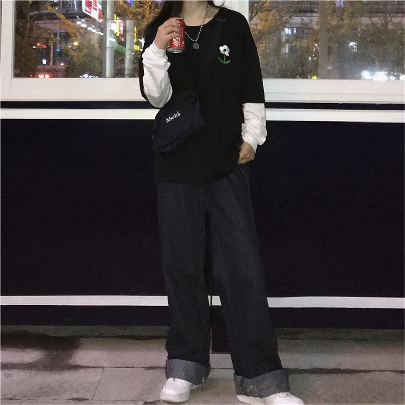 Lychee Harajuku Популярные Цветные Лоскутные женские футболки с длинным рукавом Женские футболки с цветочной вышивкой свободные осенние женские футболки