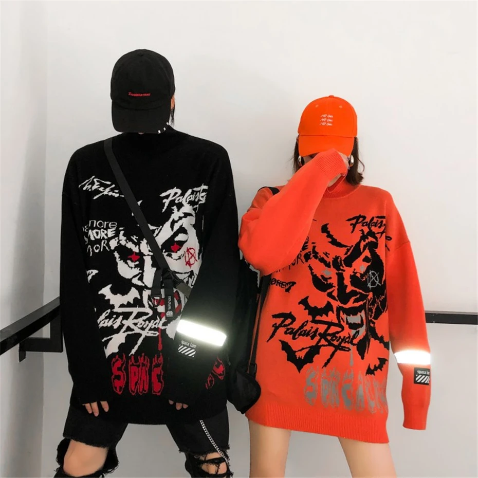 Harajuku вязаные свитера с высоким воротом для мужчин и женщин хип хоп клоун печати свободный пуловер свитер уличная Мужская зима WG608