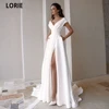 LORIE Simple Beach Wedding Dresses V-Neck Short Sleeve Soft Satin A-Line Bridal Gowns With Side Split Sweep Train Princess Dress ► Photo 1/6