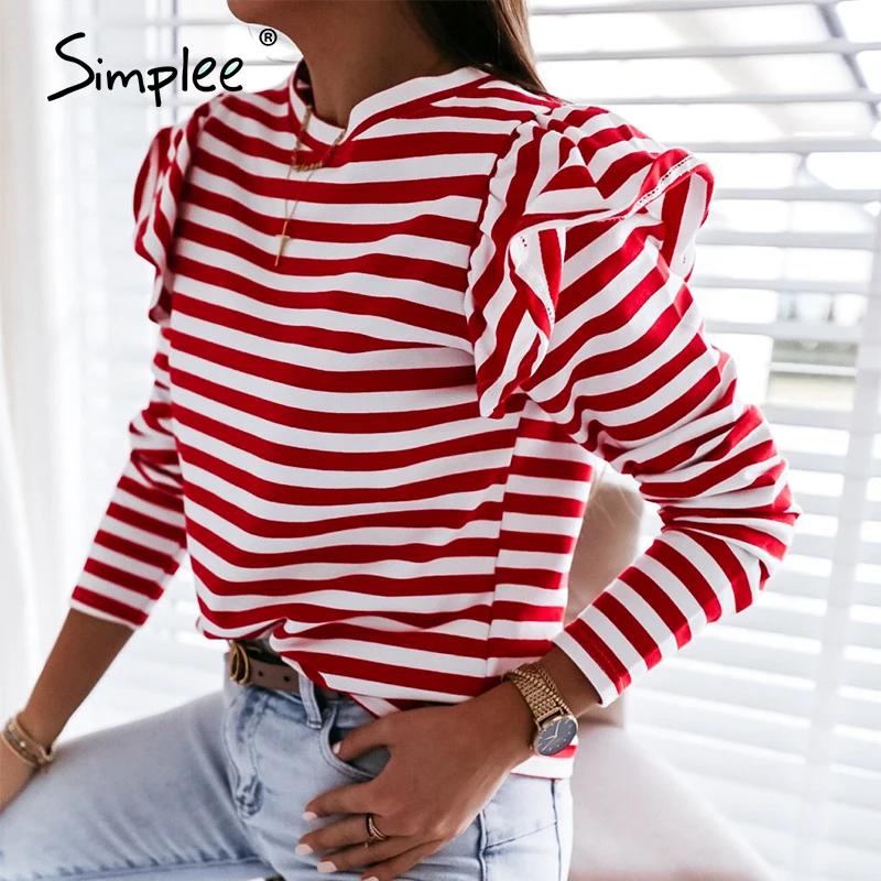 Simplee Causal Long Sleeve Red White Striped Tops For Female Autumn Winter Ruffled Base Shirt 2020 Streetwear O-neck Women Tops