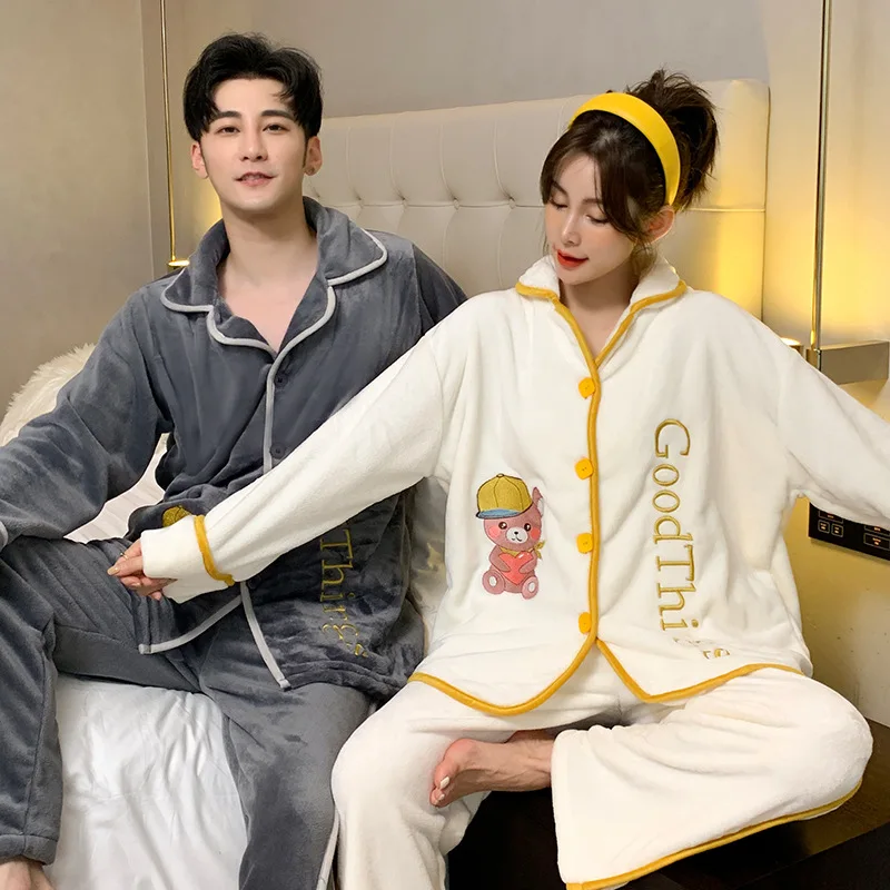 

Couple Pajamas Set Coral Fleece Sleepwear Men Cartoon Cardigan Lapel Button Nightwer Thick Warm Homewear Pyjamas Women Winter