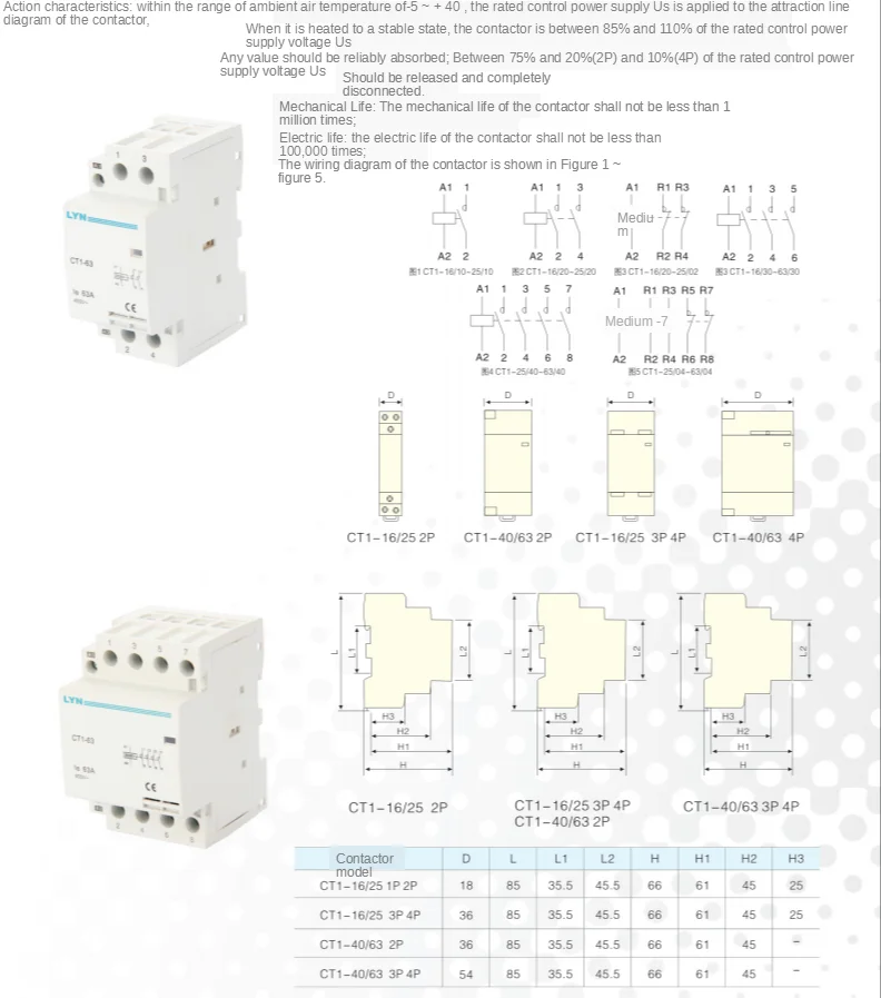 Description Picture 3 of item1PCS CT1-63 4P 32A 40A 63A 220V 400V~ 50/60HZ Din rail Household ac Modular contactor 4NO 2NO 2NC 4NC