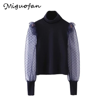 

Miguofan turtleneck Women Blouse Shirt transparent dots embroidery lace shirts female autum spring elegant knitted blouses tops