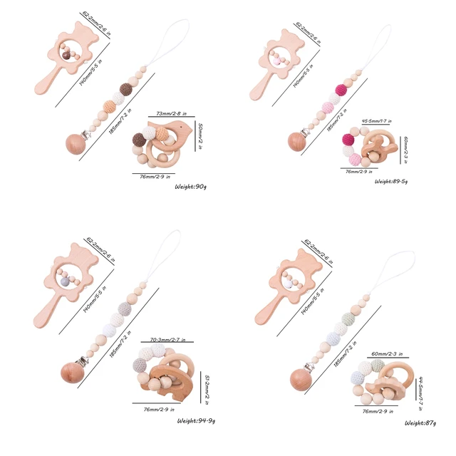 1set Baby Toys Wooden Rattle Bear Shape Hand Teething Baby Teether Musical Pacifier Chain Montessori Educational Stroller Toys 2