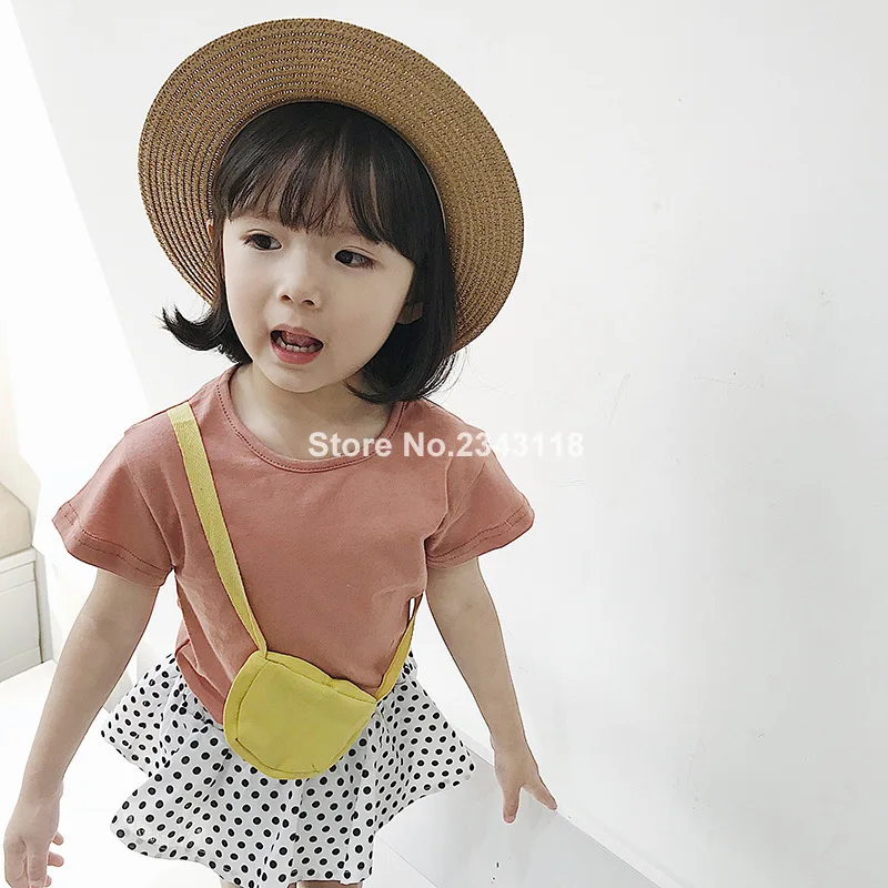 Summer Cotton Solid Color Baby Girls Simple Short Sleeve T Shirt With Bag Korean Style Infant Kids Tees Children Clothes Tops