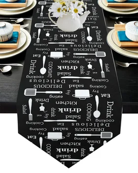 

Kitchen Text Knife And Fork Table Runner Wedding Table Decor Flower Cake Tablecloth and Placemat Christmas Decor