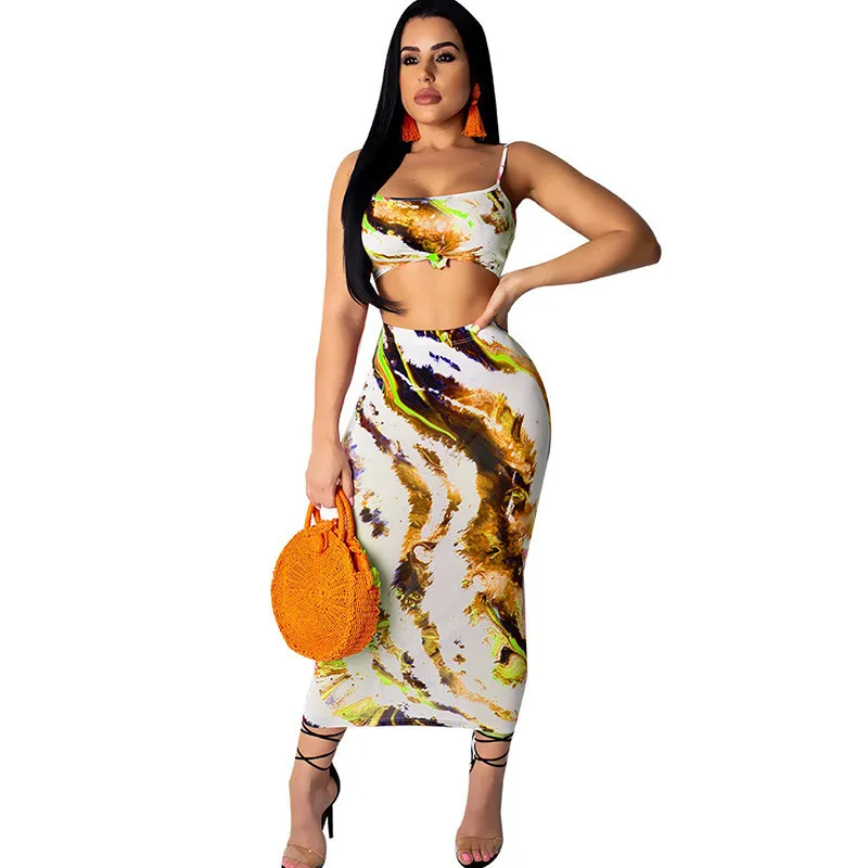 

2019 Sexy Tie Dye Print 2 Piece Dress Set Women Tank Sleeveless Sheath Bodycon Maxi Dress Summer Casual Beach Dresses Sundresses