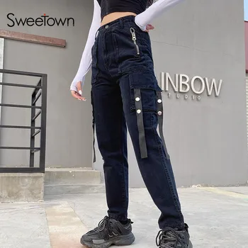 

Sweetown 2020 New Punk Gothic Streetwear Cargo Pants Women Patchwork Zipper Pockets Hip Hop Joggers Female Black Harem Pants