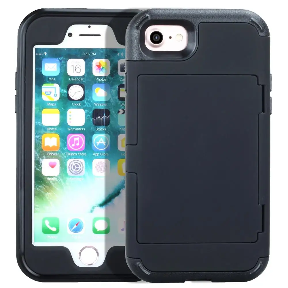Black Чехлы для телефонов для iPhone 8, 7, 6s Plus, армированный скользящий держатель для карт, слот для макияжа, роскошный Твердый Чехол для мобильного телефона для iPhone 6, 6s Plus - Цвет: Black