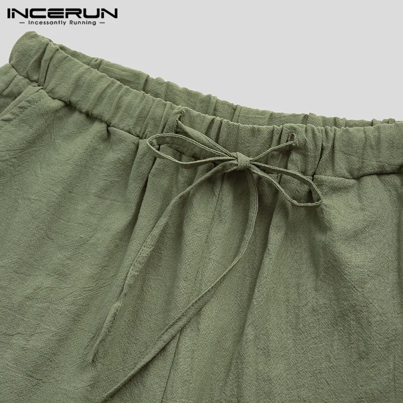 INCERUN/мужские повседневные брюки из хлопка и льна, однотонные, на шнурке, в стиле ретро, свободные, уличные, джоггеры, прямые брюки, мужские винтажные штаны