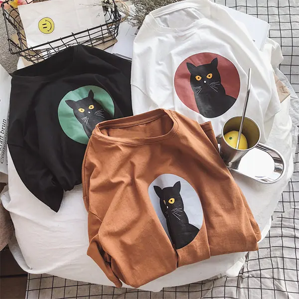 2019 Харадзюку Кот мультфильм хлопок милый короткий рукав Футболка женская летняя мода bf пара большой размер casual Повседневная Новая футболка