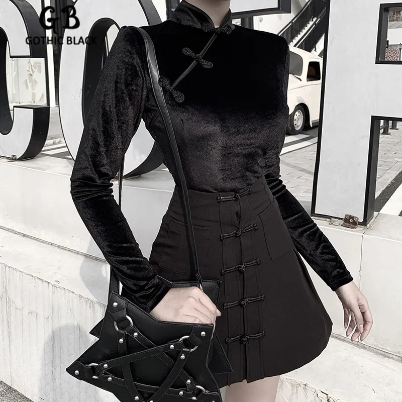 Готический Черный Топ Cheongsam с длинным рукавом и воротником стойкой из бархата