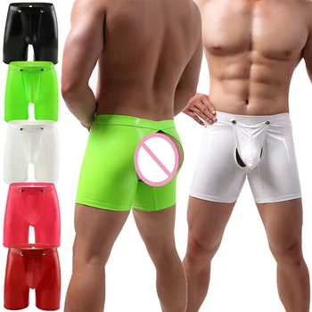 

Underwear Men Boxers Hombre Open Crotch PU Leather Lingerie U Convex Pouch Boxer Shorts Open Butt Mens Underwear Dance Clubwear