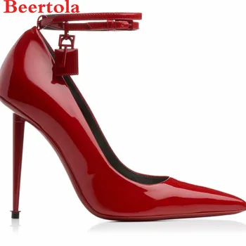 

Hot Patent Leather Shoes Women Pumps Padlock&Key Decor Pointed Toe Gladiator High Heels Women Buckle Black Red Chaussures Femmes