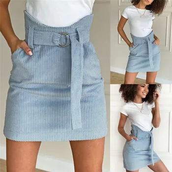 

AA Fashion Women Blue Short Mini Pencil Skirt Summer With Belt High Waist Fleece Vintage Skirts Bodycon Slim Skirt Wholesale