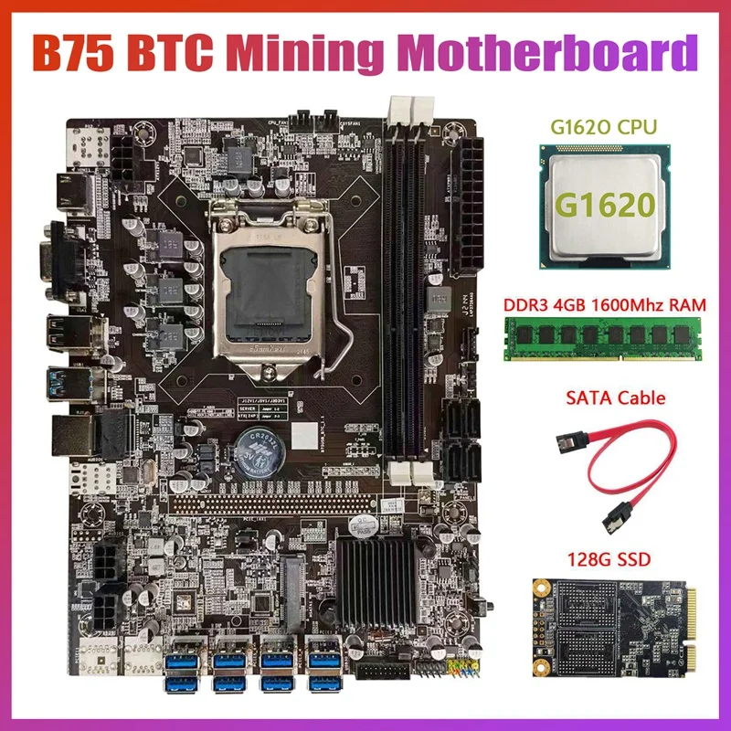 Материнская плата B75 USB BTC для майнинга + процессор G1620 DDR3 4 Гб 1600 МГц ОЗУ 128G MSATA SSD
