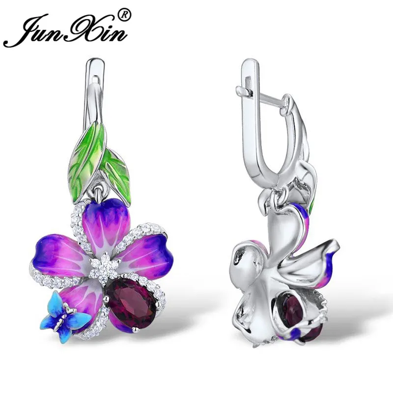Boho красный камень животных серьги в виде бабочек 925 серебряный цвет фиолетовый розовый зеленый Эмаль серьги-кольца цветок для женщин очаровательные ювелирные изделия