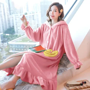 

Autumn Cute Hooded Flannel Women Nightgown Sexy Thicken Soft Lingerie Long Nightdress Sleepwear Nightwear Lounge Home Dress